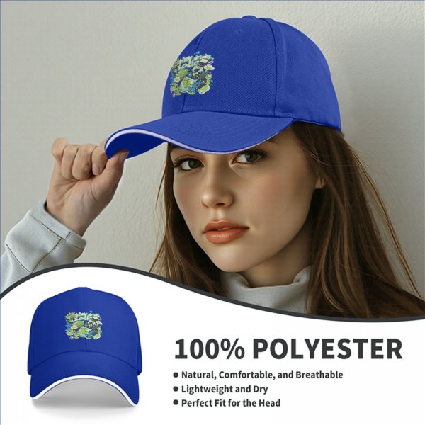 Black baseball cap with tiny drinks soda and alien graphic print
