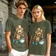 Olive T-shirt with a startled alien washing hands graphic