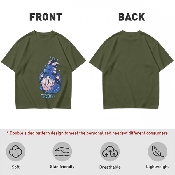 Olive T-Shirt With Sad Dragon Holding D20 Natural 1 'Like A Today' Print
