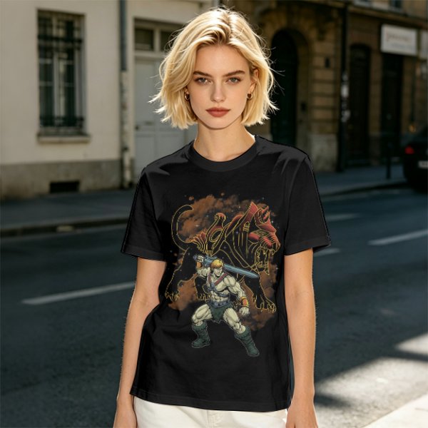 Olive T-shirt with He-Man and Battle Cat Graphic