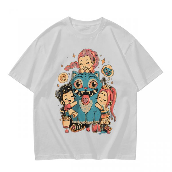 Olive T-Shirt With Cute Chibi Monster And Girls Graphic Print
