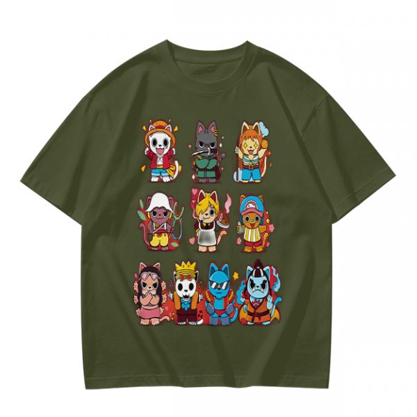 Olive T-Shirt With Cute Anime Cat Character Print