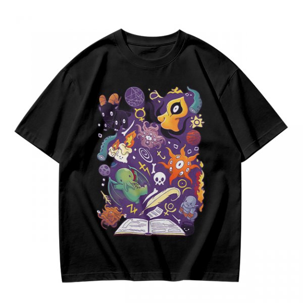Olive T-Shirt With Cute Occult Monster And Spell Book Print
