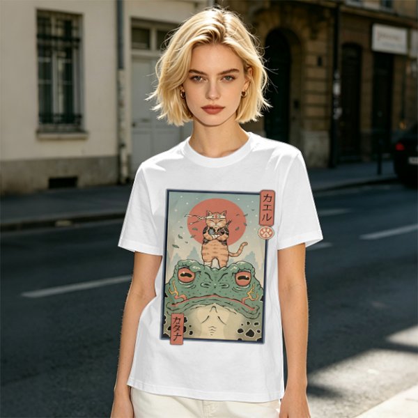 Olive T-shirt with Samurai Cat Riding Giant Frog Japanese Art Print
