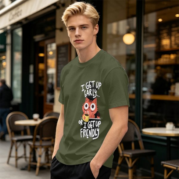 Olive t-shirt with funny cat coffee early morning quote