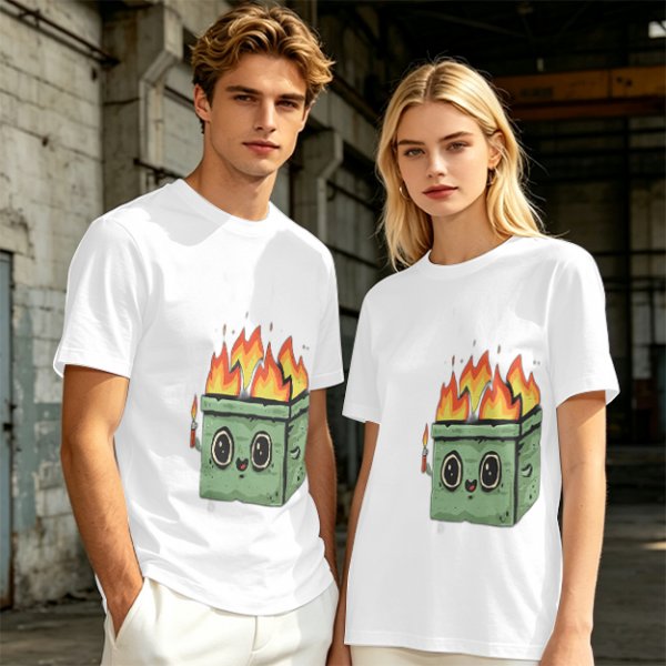 Olive green t-shirt with a cartoon burning box graphic
