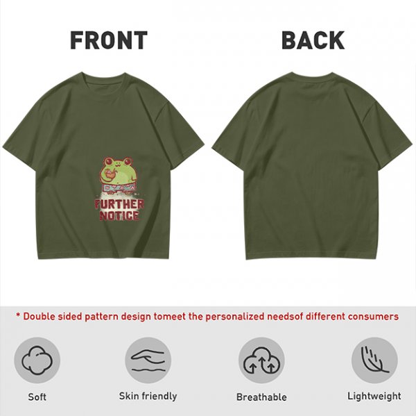 Olive T-Shirt with Cute Frog Graphic and Further Notice Text