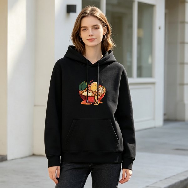 Black Hoodie With Cute Ramen Bowl Graphic Design