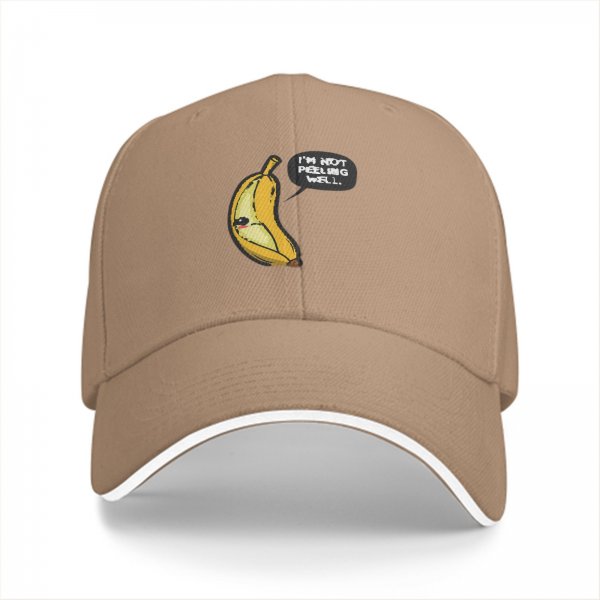 Black baseball cap with sad banana graphic reading I'm not peeling well