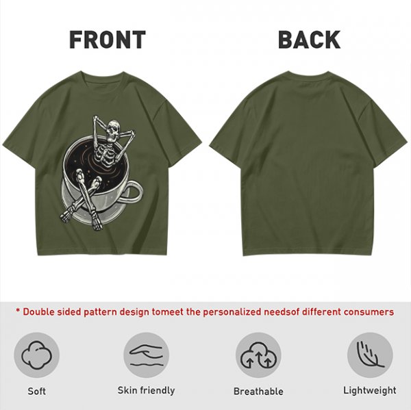 Olive T-shirt with skeleton relaxing in coffee cup graphic