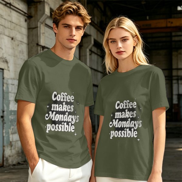 Olive green t-shirt with 'Coffee makes Mondays possible' print