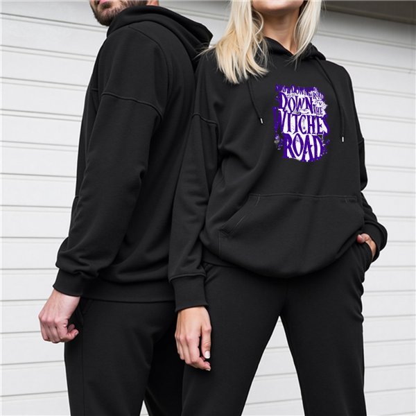 Black hoodie with 'Down the Witches Road' graphic print