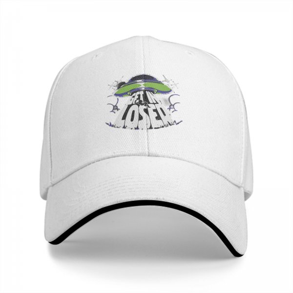 Black baseball cap with UFO and 'Get In Loser' graphic design
