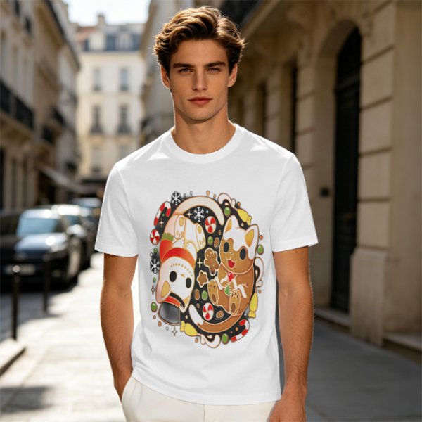 Olive Green T-Shirt With Christmas Cat Gingerbread Candy Print