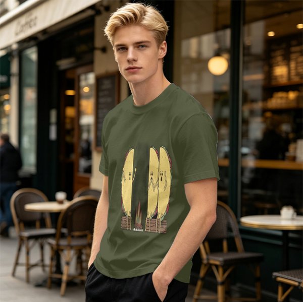 Olive T-Shirt With Funny Taco Characters Around A Campfire