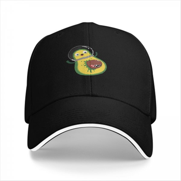 Black baseball cap with cartoon astronaut avocado print