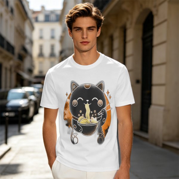 Olive T-Shirt Featuring Black Maneki-neko Cat Eating Ramen