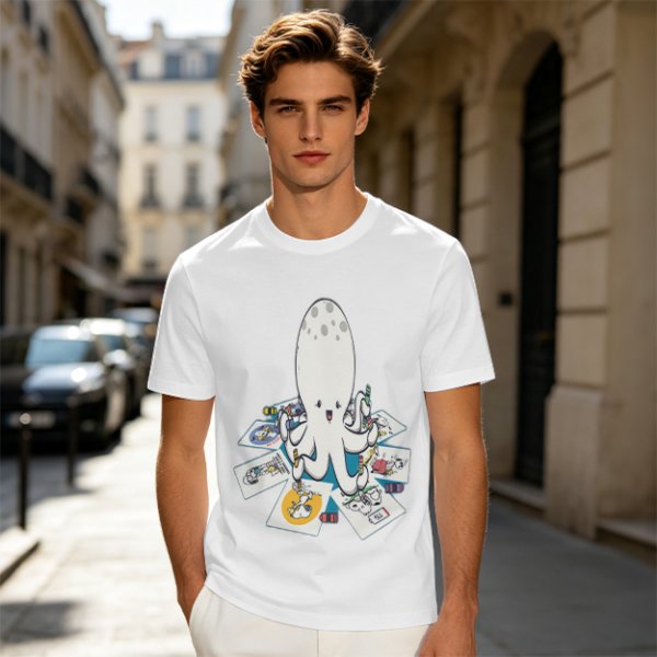 Olive T-Shirt With Cute Octopus Drawing Artwork Print