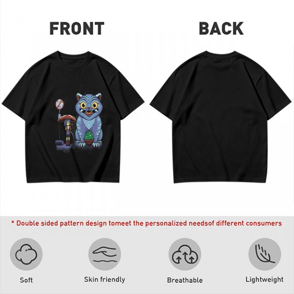Olive T-Shirt With Whimsical Blue Cat And Mushroom Figure Print