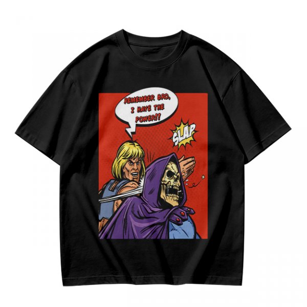 Olive T-shirt with He-Man slapping Skeletor comic print