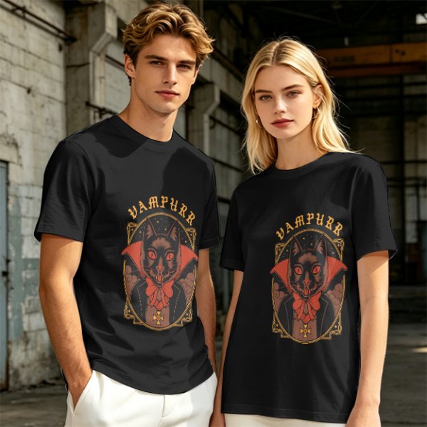 Olive T-Shirt with Vampurr Black Cat Vampire Graphic