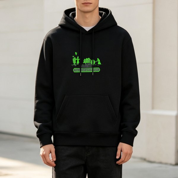 Black hoodie with retro green pixel art graphic design