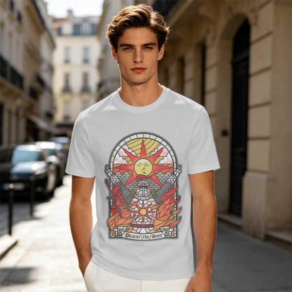 Olive T-Shirt With Stained Glass Style Praise The Sun Knight Print