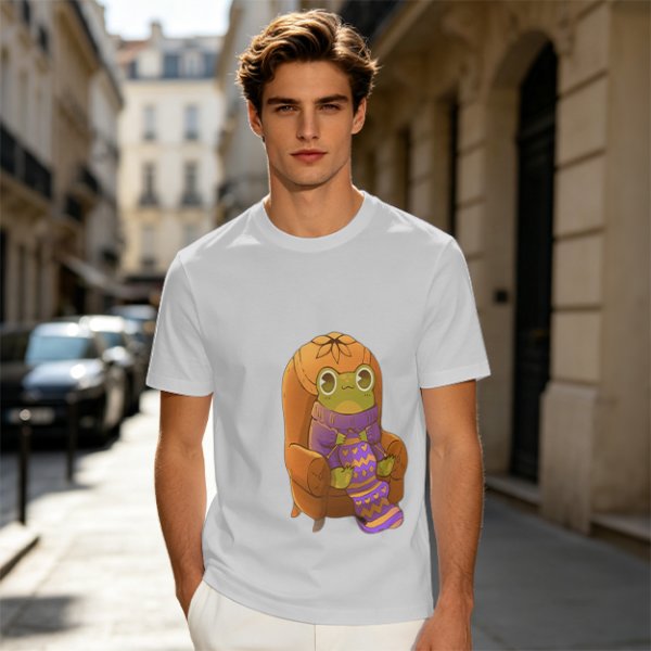 Olive Green T-Shirt with Cozy Frog in Pumpkin Hat Graphic