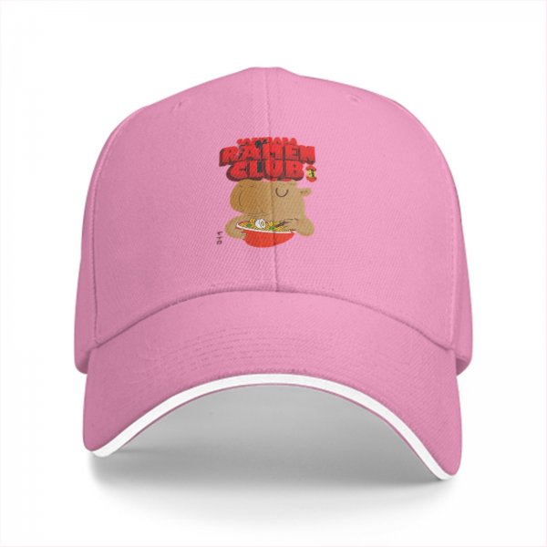 Black baseball cap with capybara eating ramen ramen club print