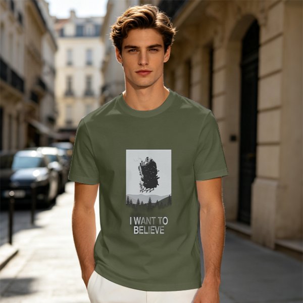 Olive t-shirt with 'I Want To Believe' UFO landscape print