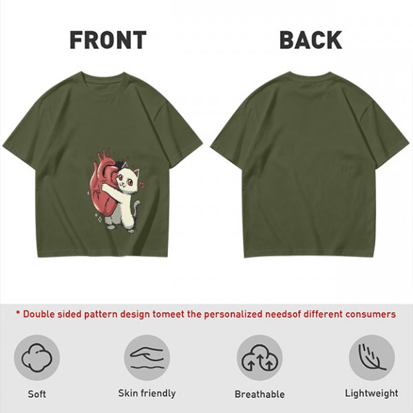 Olive T-Shirt With Cute White Cat Hugging Anatomical Heart Print