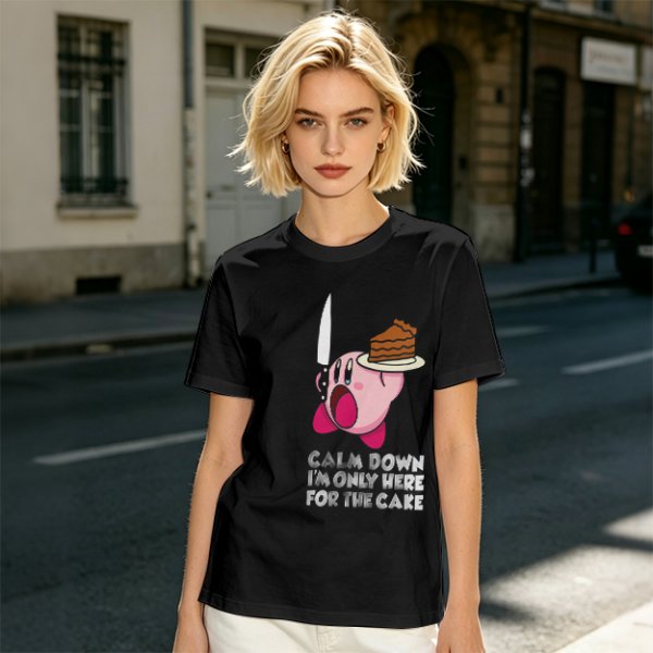 Olive t-shirt with Kirby holding knife and cake, text Calm Down I'm Only Here For The Cake