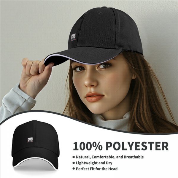 Black Baseball Cap With Cute Drumming Character Embroidery