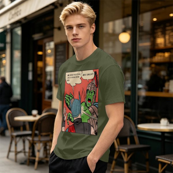 Olive t-shirt with comic print of Hulk and Thor mid-smashed interaction