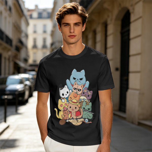 Olive T-Shirt With Chibi Pirate Cats Group Graphic