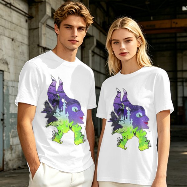Olive green t-shirt with Maleficent fantasy silhouette graphic