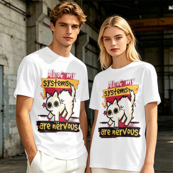 Olive graphic t-shirt with nervous white cat and 'All of my systems are nervous' text