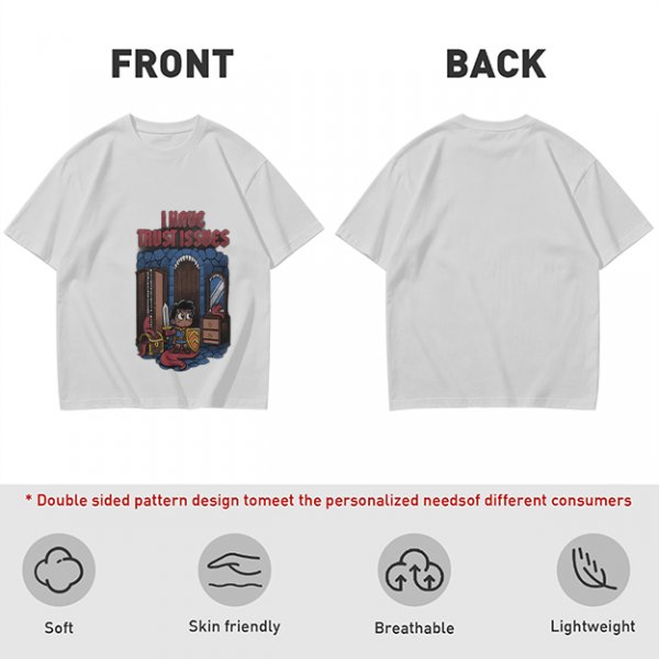 Olive t-shirt with 'I Have Trust Issues' chibi knight graphic