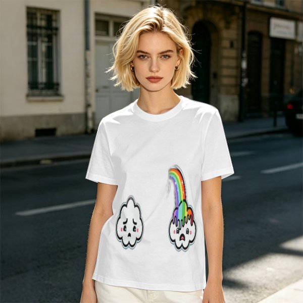 Oversized Olive T-Shirt With Sad Clouds And Rainbow Drip Graphic