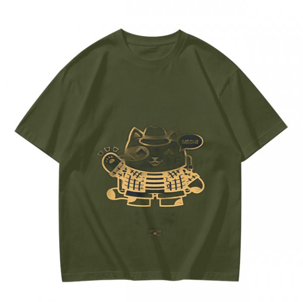 Olive Green T-Shirt With Stylish Cat Graphic Print