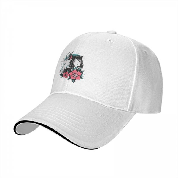 Black baseball cap with Spirited Away Haku and Chihiro anime floral print