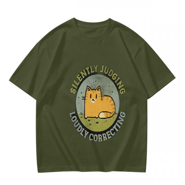 Olive T-Shirt With Silently Judging Loudly Correcting Cat Print