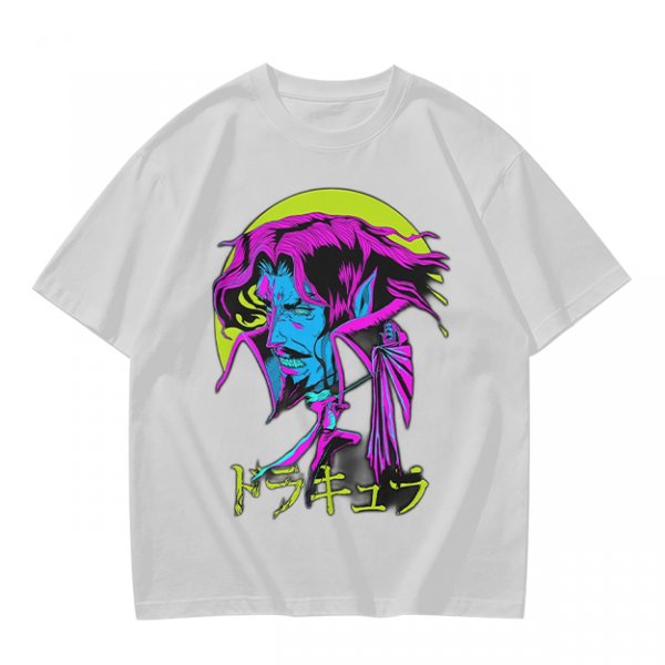 Olive t-shirt with neon vampire Dracula graphic and Japanese text