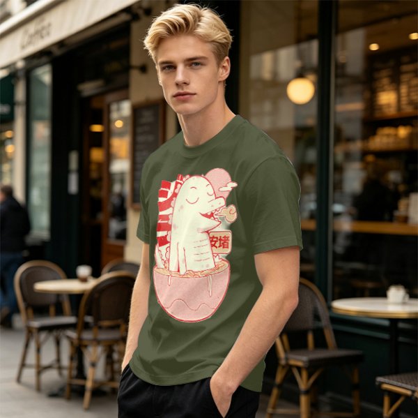 Olive t-shirt with a cartoon dinosaur in a ramen bowl graphic
