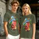 Olive green graphic t-shirt with caffeine team coffee cup and bean illustration