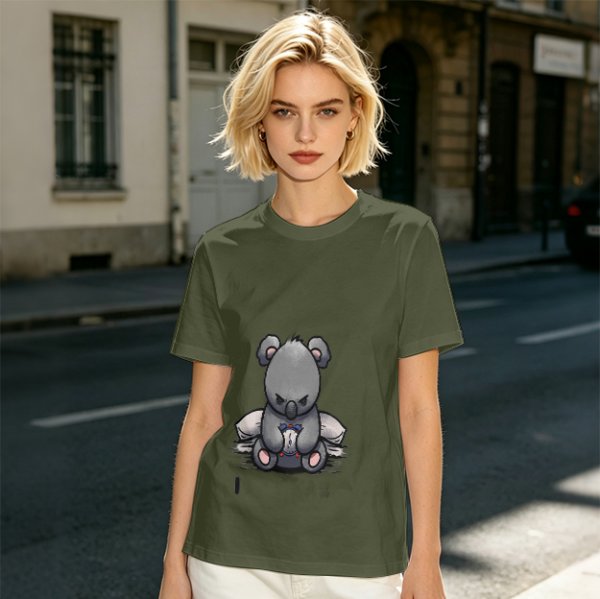 Olive T-shirt with Angry Koala Holding a Small Toy Print