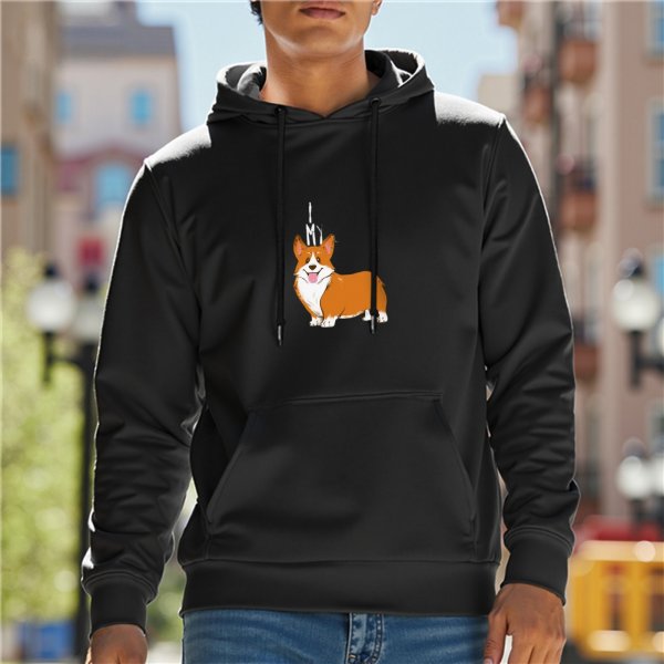 Black Hoodie With Cute Corgi Dog Graphic Print