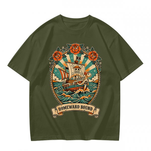 Olive T-shirt with Pirate Ship Homeward Bound Tattoo Style Print