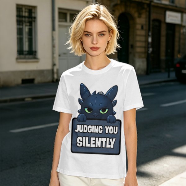 Olive t-shirt featuring Toothless the dragon judging you silently