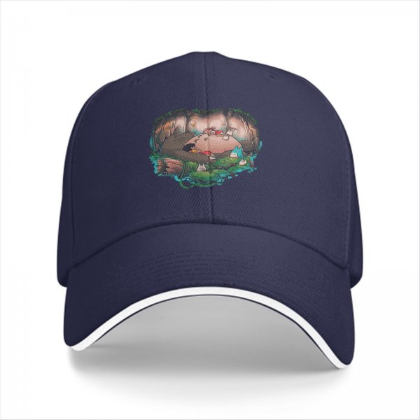 Black baseball cap with forest spirit creature graphic print